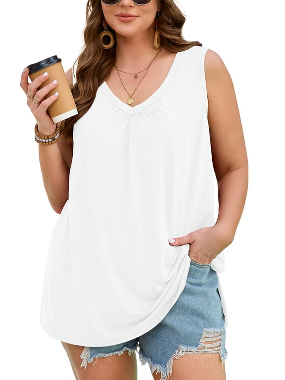 Plus Size Sleeveless V Neck Shirt for Women, Pleated Tank Top to Layer Under Blazer or Cardigan, White 3X Side Slit Summer Casual Vacation Tops