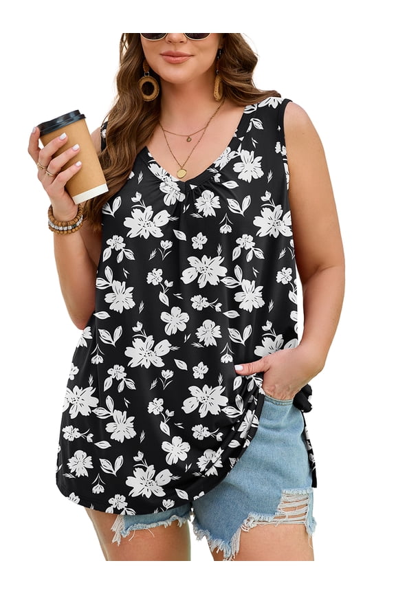 Women's Plus Size Summer Tank Top, Soft Stretchy V Neck Pleated Tunic for Travel and Lounge, Midnight White Floral 3X Sleeveless Side Slit Casual Layering Sun Shirt