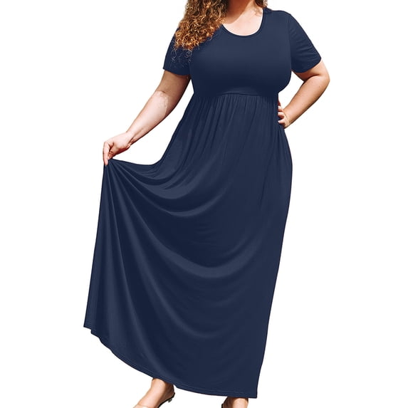 SHOWMALL Women's Plus Size Wedding Guest Maxi Dress with Pockets, Navy Blue 3X Flowy Short Sleeve Scoop Neck Formal to Casual