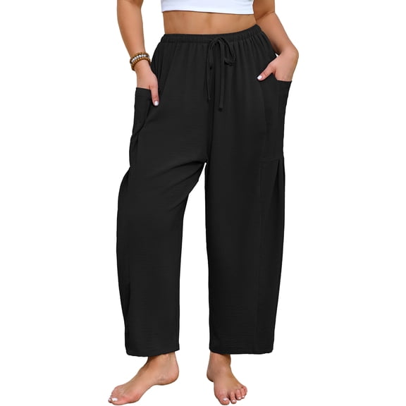 SHOWMALL Women's Plus Size Wide Leg Balloon Pants, Loose Fit Baggy Lantern Trousers with Pockets, Black 2X Breathable Elastic Drawstring Waist Casual Pants for Summer Beach Travel Vacation