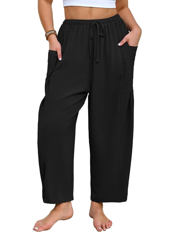 Women's Plus Size Wide Leg Balloon Pants, Loose Fit Baggy Lantern Trousers with Pockets, Black 3X Breathable Elastic Drawstring Waist Casual Pants for Summer Beach Travel Vacation
