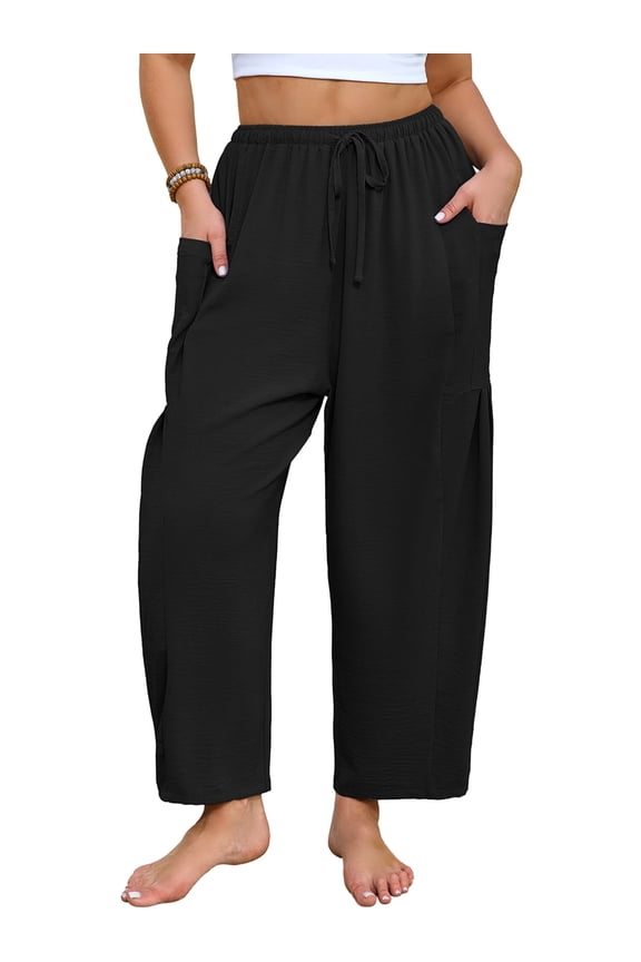 Women's Plus Size Wide Leg Balloon Pants, Loose Fit Baggy Lantern Trousers with Pockets, Black 3X Breathable Elastic Drawstring Waist Casual Pants for Summer Beach Travel Vacation