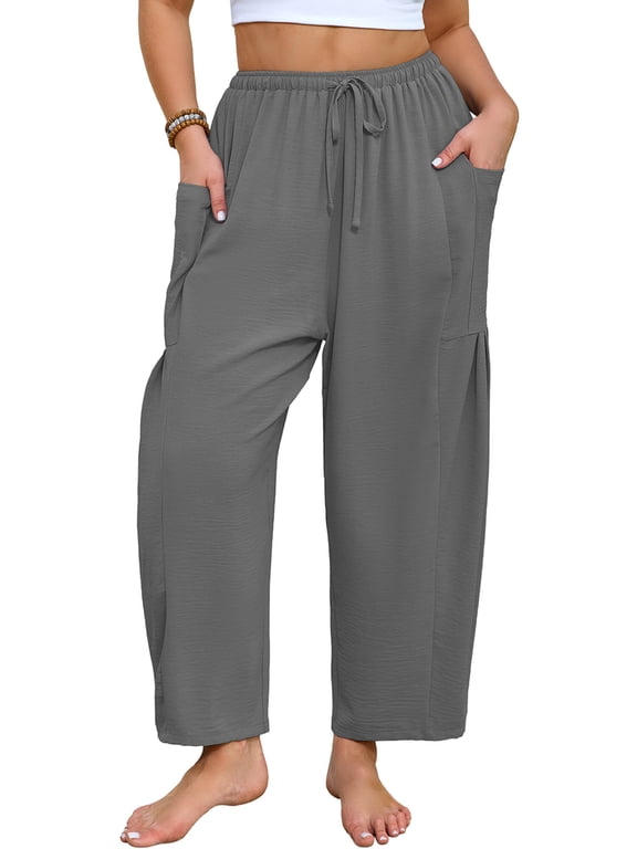 Women's Plus Size Wide Leg Balloon Pants, Loose Fit Baggy Lantern Trousers with Pockets, Gray 3X Breathable Elastic Drawstring Waist Casual Pants for Summer Beach Travel Vacation