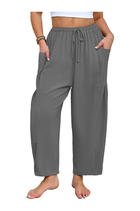 Women's Plus Size Wide Leg Balloon Pants, Loose Fit Baggy Lantern Trousers with Pockets, Gray 4X Breathable Elastic Drawstring Waist Casual Pants for Summer Beach Travel Vacation
