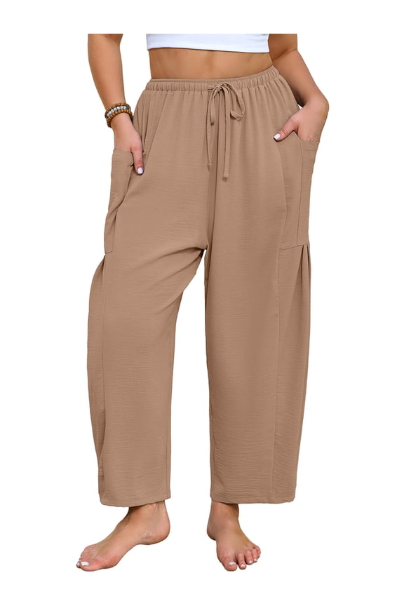 Women's Plus Size Wide Leg Balloon Pants, Loose Fit Baggy Trousers with Pockets, Light Khaki 3X Breathable Elastic Drawstring Waist Lantern Pants for Summer Beach Travel Vacation