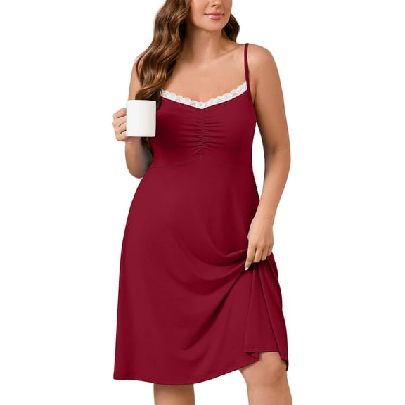 SHOWMALL Women's Plus Size comfy Sleepwear Lace Chemise Nightgown Wine Red 2X Babydoll Sleepwear