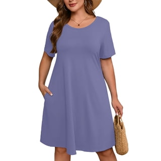 SHOWMALL Women's Plus Summer Dresses Short Sleeves Casual Midi Dress with Pockets 1X Purple Gray