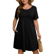 SHOWMALL Women's Plus Summer Dresses Short Sleeves Casual Midi Dress with Pockets 3X Black