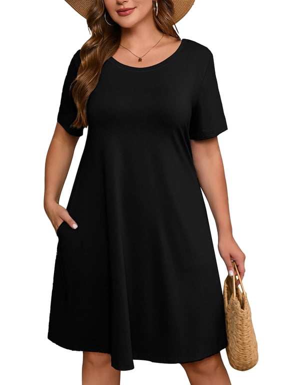 Women's Plus Summer Dresses Short Sleeves Casual Midi Dress with Pockets 3X Black