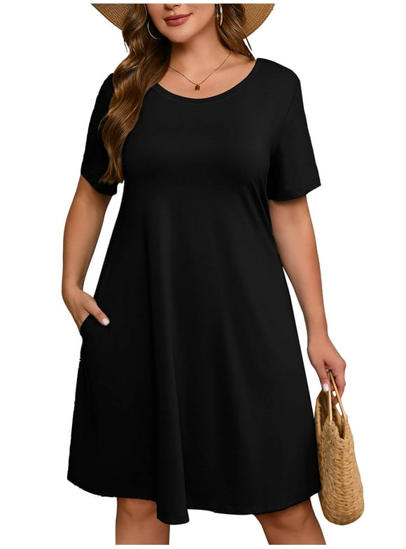 Women's Plus Summer Dresses Short Sleeves Casual Midi Dress with Pockets 3X Black
