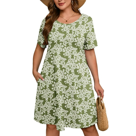 SHOWMALL Women's Plus Summer Dresses Short Sleeves Casual Midi Dress with Pockets 3X Green Roses