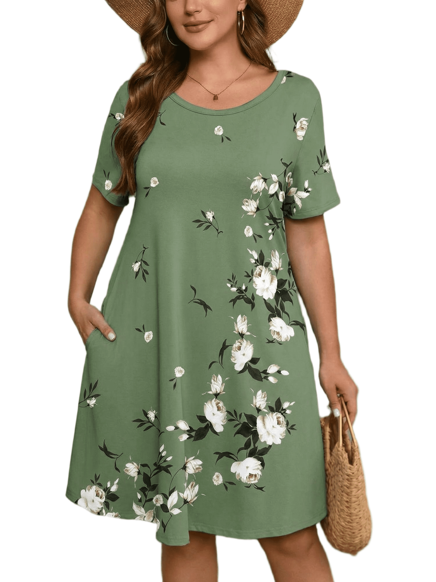 moss green casual dress Showmall Women's Plus Summer Dresses Short Sleeves Floral Casual Midi Dress with Pockets 1X Moss Green Cascading Floral, Size: 1XL