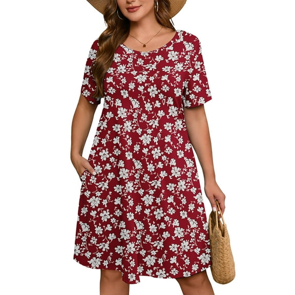 SHOWMALL Women's Plus Summer Dresses Short Sleeves Floral Casual Midi Dress with Pockets 2X Red Vintage Floral