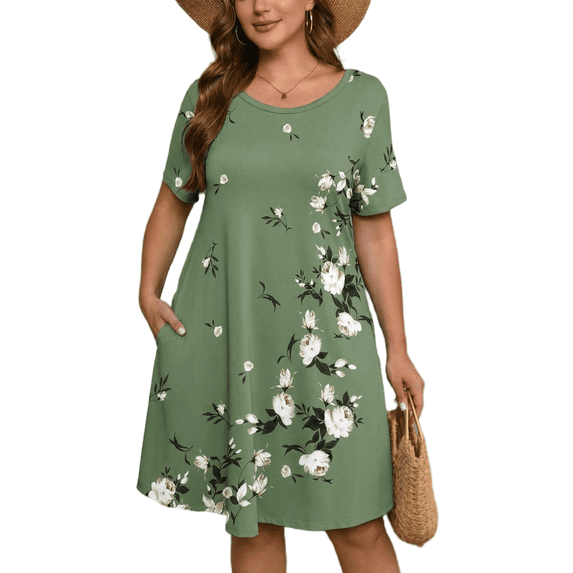 SHOWMALL Women's Plus Summer Dresses Short Sleeves Floral Casual Midi Dress with Pockets 3X Moss Green Cascading Floral