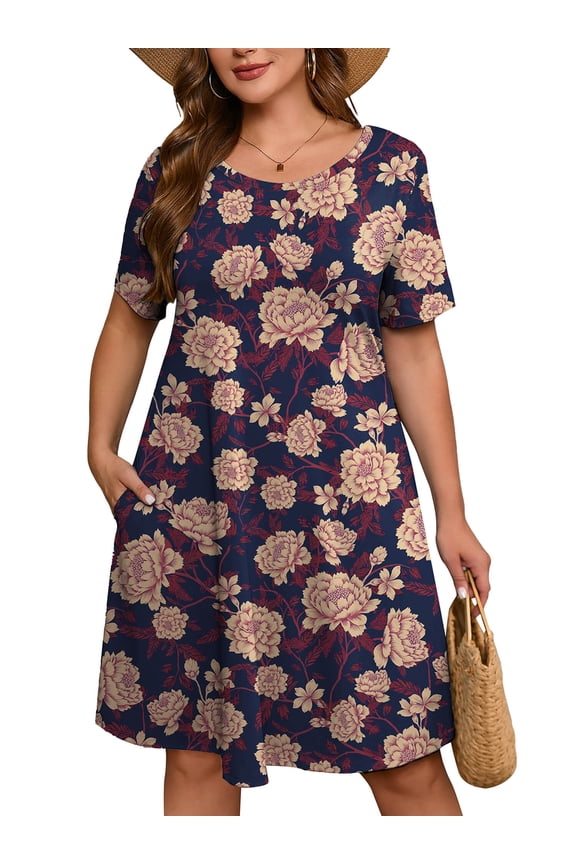 Women's Plus Summer Dresses Short Sleeves Floral Casual Midi Dress with Pockets 3X Navy Blue Peony