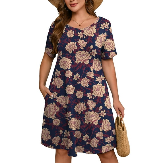 SHOWMALL Women's Plus Summer Dresses Short Sleeves Floral Casual Midi Dress with Pockets 3X Navy Blue Peony