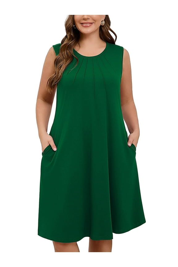 Women's Plus Sundress Summer Casual Crew Neck Sleeveless Tank Dress 2X Green