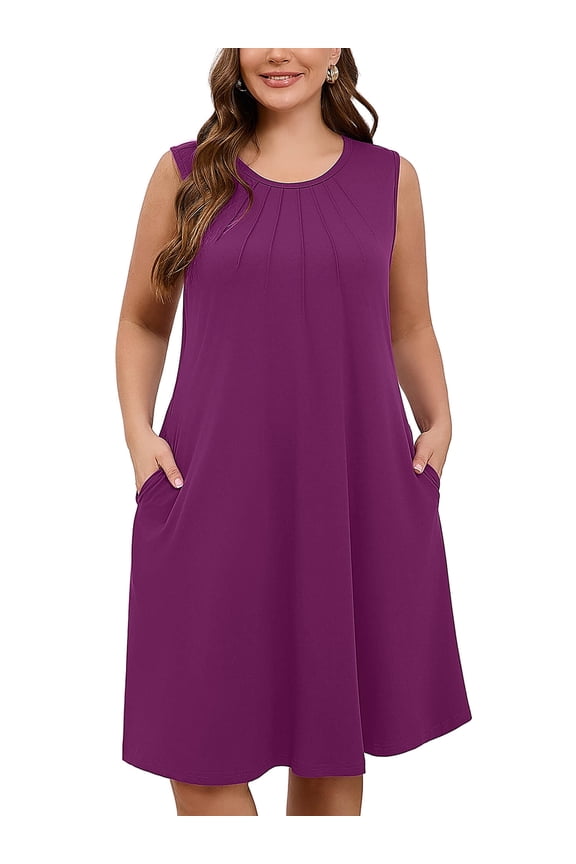 Women's Plus Sundress Summer Casual Crew Neck Sleeveless Tank Dress 3X Purple