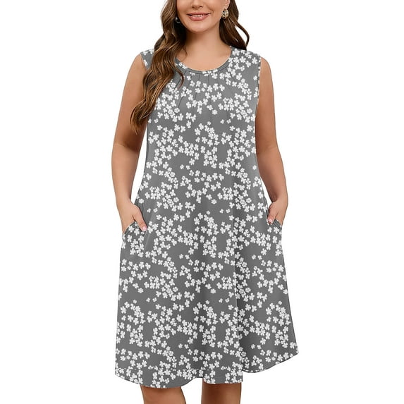 SHOWMALL Women's Plus Sundress Summer Floral Casual Crew Neck Sleeveless Tank Dress 2X Grey Sakura