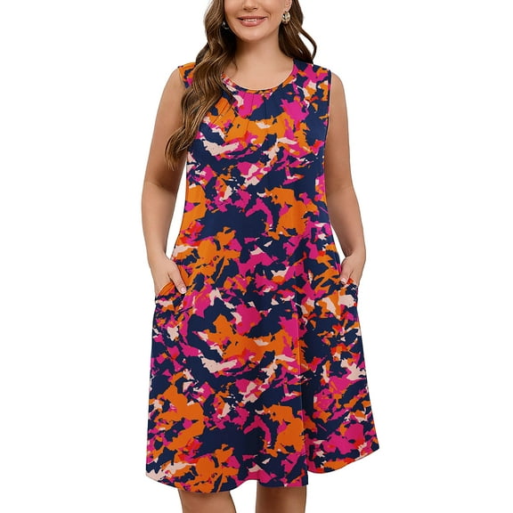 SHOWMALL Women's Plus Sundress Summer Floral Casual Crew Neck Sleeveless Tank Dress 3X Rosy Clouds