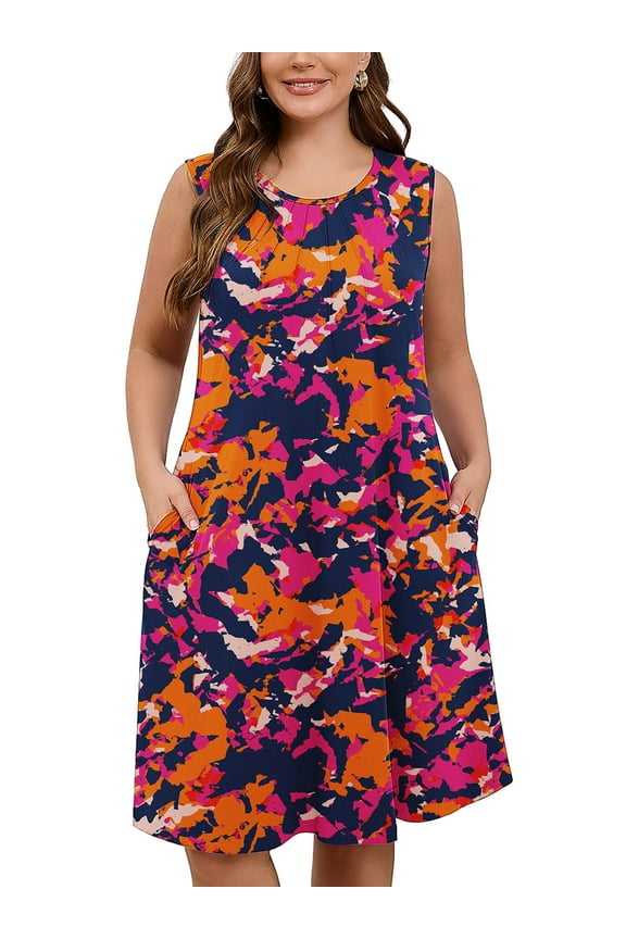 Women's Plus Sundress Summer Floral Casual Crew Neck Sleeveless Tank Dress 3X Rosy Clouds