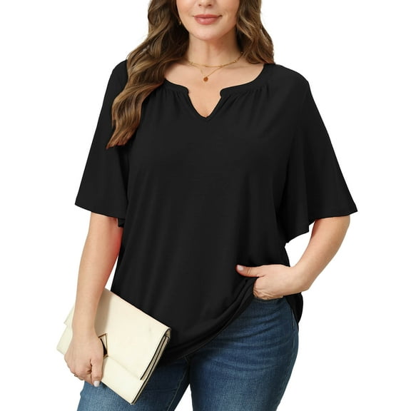 SHOWMALL Women's Plus Szie Tops V Neck Loose Fit Short Sleeve Black 3X Casual Blouse for Summer Relaxed Style Shirts Everyday Wear Outfit