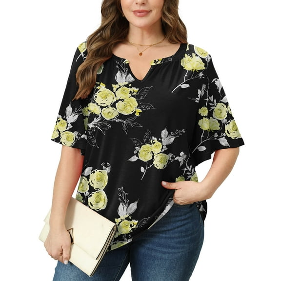 SHOWMALL Women's Plus Szie Tops V Neck Loose Fit Short Sleeve Black Golden Floral 2X Casual Blouse for Summer Relaxed Style Shirts Everyday Wear Outfit