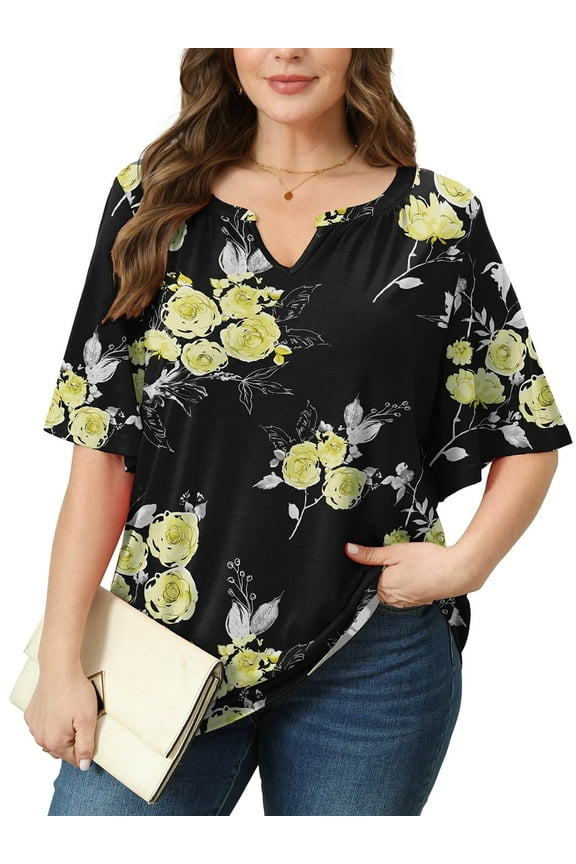 Women's Plus Szie Tops V Neck Loose Fit Short Sleeve Black Golden Floral 3X Casual Blouse for Summer Relaxed Style Shirts Everyday Wear Outfit