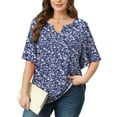 thumbnail image 1 of SHOWMALL Women's Plus Szie Tops V Neck Loose Fit Short Sleeve Indigo Clustered Blooms 3X Casual Blouse for Summer Relaxed Style Shirts Everyday Wear Outfit, 1 of 6