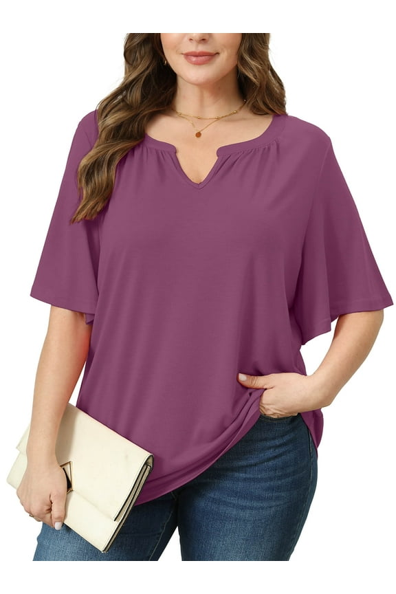 Women's Plus Szie Tops V Neck Loose Fit Short Sleeve Purple 3X Casual Blouse for Summer Relaxed Style Shirts Everyday Wear Outfit