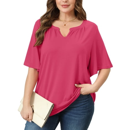 SHOWMALL Women's Plus Szie Tops V Neck Loose Fit Short Sleeve Rose Red 1X Casual Blouse for Summer Relaxed Style Shirts Everyday Wear Outfit