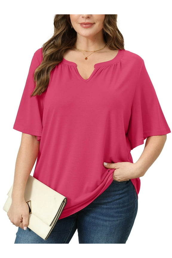 Women's Plus Szie Tops V Neck Loose Fit Short Sleeve Rose Red 3X Casual Blouse for Summer Relaxed Style Shirts Everyday Wear Outfit