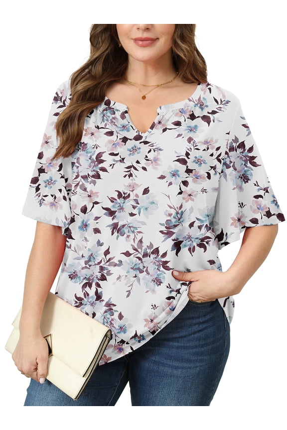 Women's Plus Szie Tops V Neck Loose Fit Short Sleeve White Peony 2X Casual Blouse for Summer Relaxed Style Shirts Everyday Wear Outfit