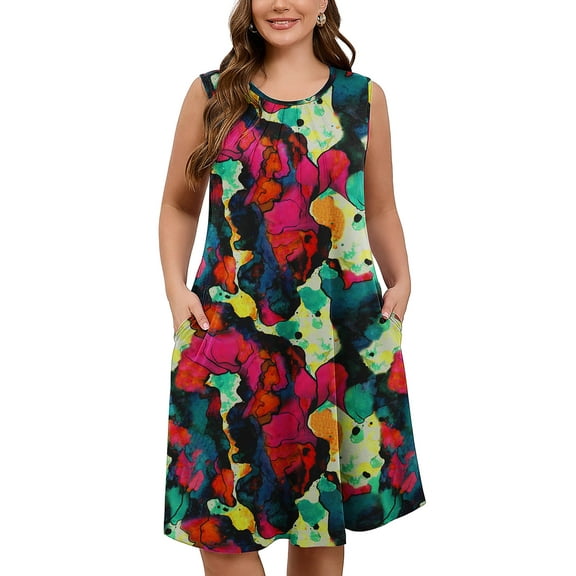 SHOWMALL Women's Plus Tank Dress Sleeveless Crew Neck Floral Beach Vacation Sundress 2X Multicolored