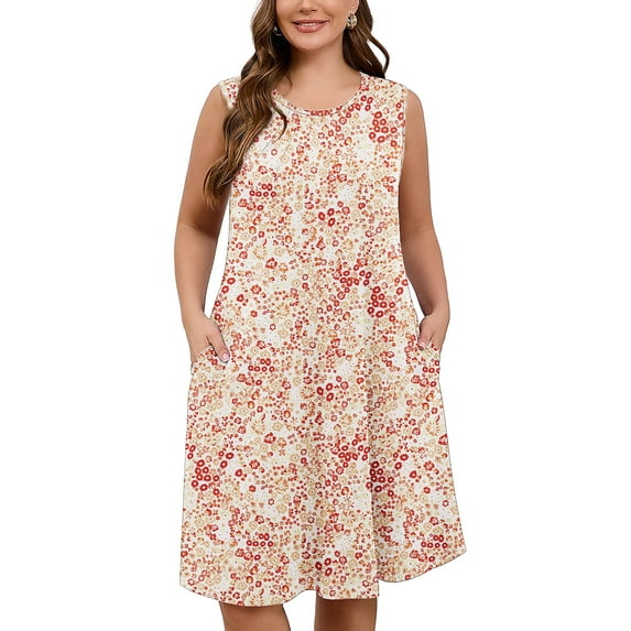 SHOWMALL Women's Plus Tank Dress Sleeveless Crew Neck Floral Beach Vacation Sundress 2X Soft Cream Doodle Blooms