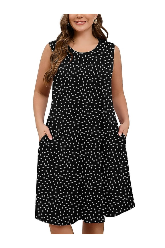 Women's Plus Tank Dress Sleeveless Crew Neck Floral Beach Vacation Sundress 3X Polkadots Black