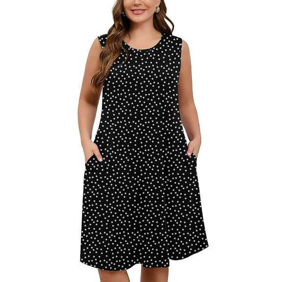 SHOWMALL Women's Plus Tank Dress Sleeveless Crew Neck Floral Beach Vacation Sundress 3X Polkadots Black