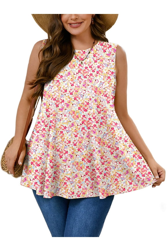 Women's Plus Tank Tops Beach Sleeveless Tunics Pink Clustered Blooms 5X Summer Tops Floral Casual Vacation Holiday Tops