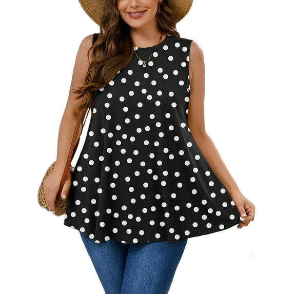 SHOWMALL Women's Plus Tank Tops Beach Sleeveless Tunics Polkadots Black 2X Summer Tops Floral Casual Vacation Holiday Tops