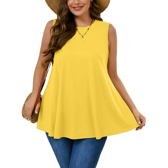 SHOWMALL Women's Plus Tank Tops Swing Round-Neck Tunic Bright Yellow 2X Summer T Shirts Sleeveless Casual Loose Blouses