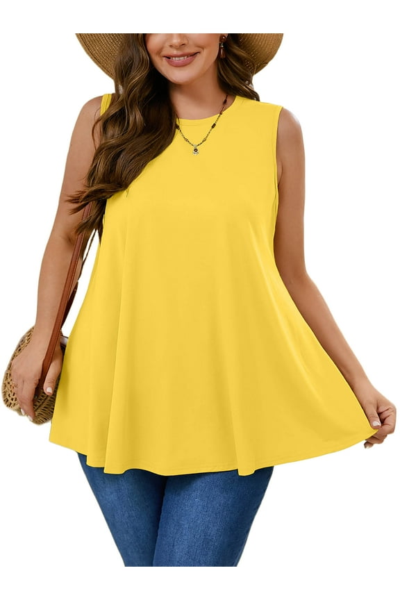 Women's Plus Tank Tops Swing Round-Neck Tunic Bright Yellow 2X Summer T Shirts Sleeveless Casual Loose Blouses