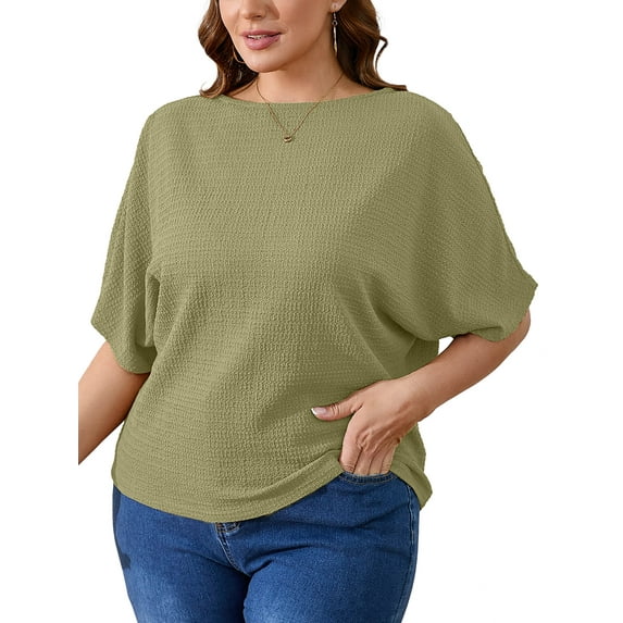 SHOWMALL Women's Plus Tops Batwing Half Sleeve Boat Neck Shirts Textured Casual T-shirts 1X Light Green