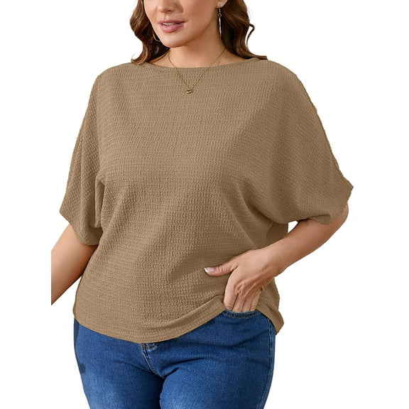 SHOWMALL Women's Plus Tops Batwing Half Sleeve Boat Neck Shirts Textured Casual T-shirts 4X Light khaki