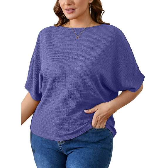 SHOWMALL Women's Plus Tops Boat Neck Batwing Half Sleeve Drop Shoulder Casual Shirts 3X Grey Blue