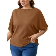 SHOWMALL Women's Plus Tops Boat Neck Batwing Half Sleeve Drop Shoulder Casual Shirts 4X Ginger