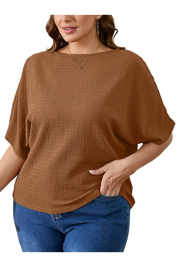 Women's Plus Tops Boat Neck Batwing Half Sleeve Drop Shoulder Casual Shirts 4X Ginger