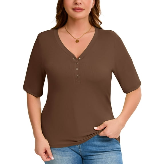 SHOWMALL Women's Plus Tops Henley Elbow Sleeve Blouse Casual Ribbed Curved Shirts Brown 2X Knit Fitted Effortless Style Top