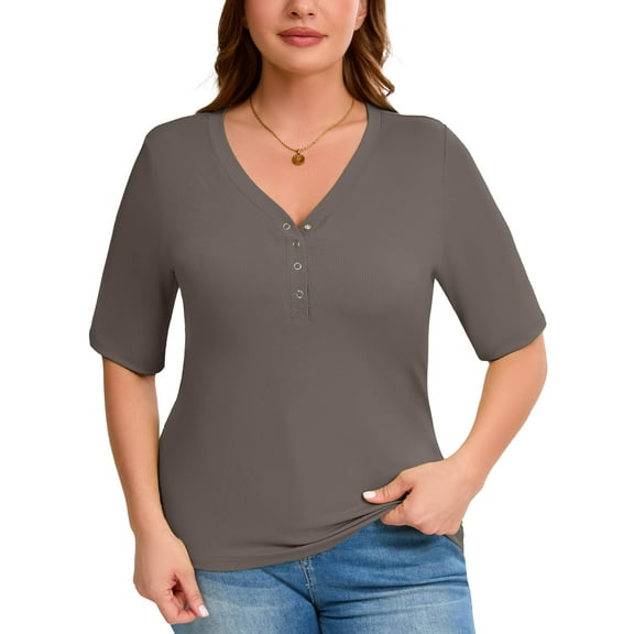 SHOWMALL Women's Plus Tops Henley Elbow Sleeve Blouse Casual Ribbed Curved Shirts Gray 3X Knit Fitted Effortless Style Top