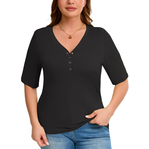 SHOWMALL Women's Plus Tops Henley Elbow Sleeve Top Casual Ribbed Curved Shirts Black 5X Knit Fitted Effortless Style Top