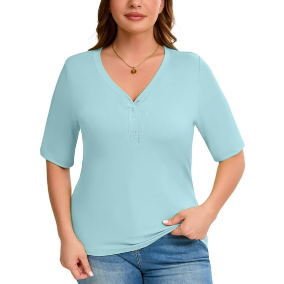 SHOWMALL Women's Plus Tops Henley Elbow Sleeve Top Casual Ribbed Curved Shirts Sky Blue 5X Knit Fitted Effortless Style Top